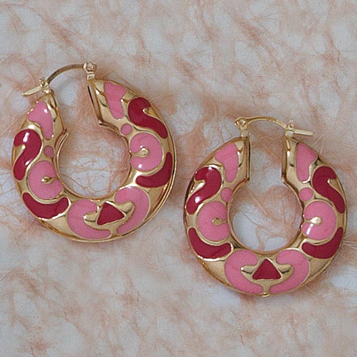35mm Puffed Pink & Red Enamel Earrings - X2299
